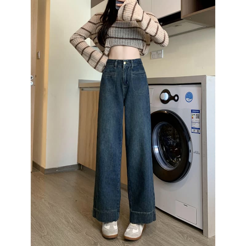 ハイウエスト パンツ ゆったりワイド脚長デニムパンツ