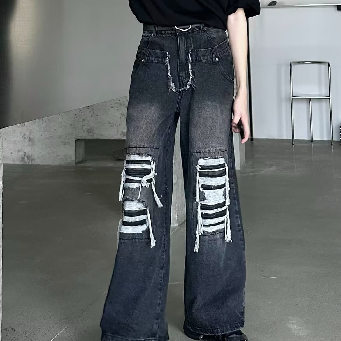 ハイウエスト パンツ カジュアル ダメージ ワイド デニム