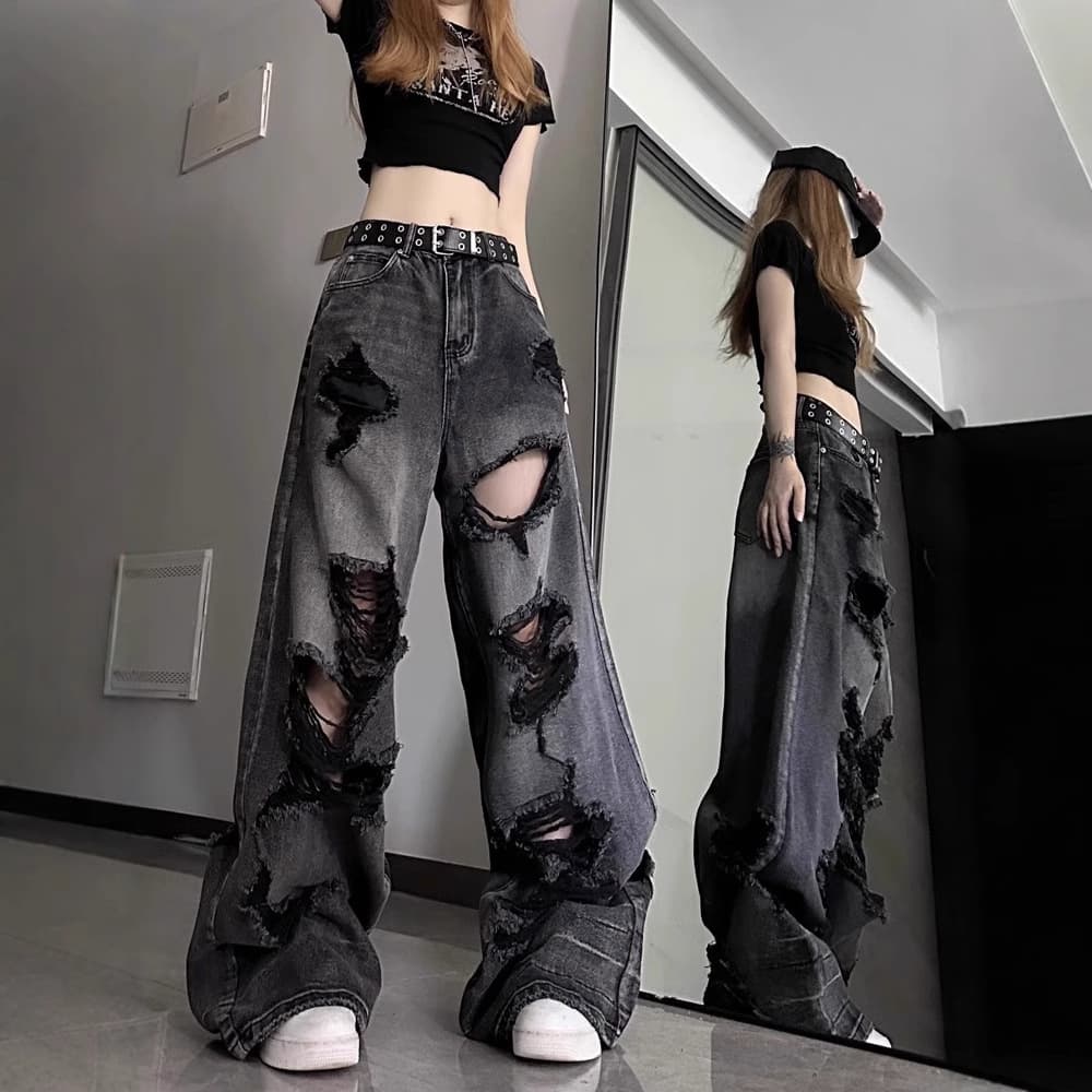 ハイウエスト パンツ ダメージ加工 ハイウエストワイドデニム