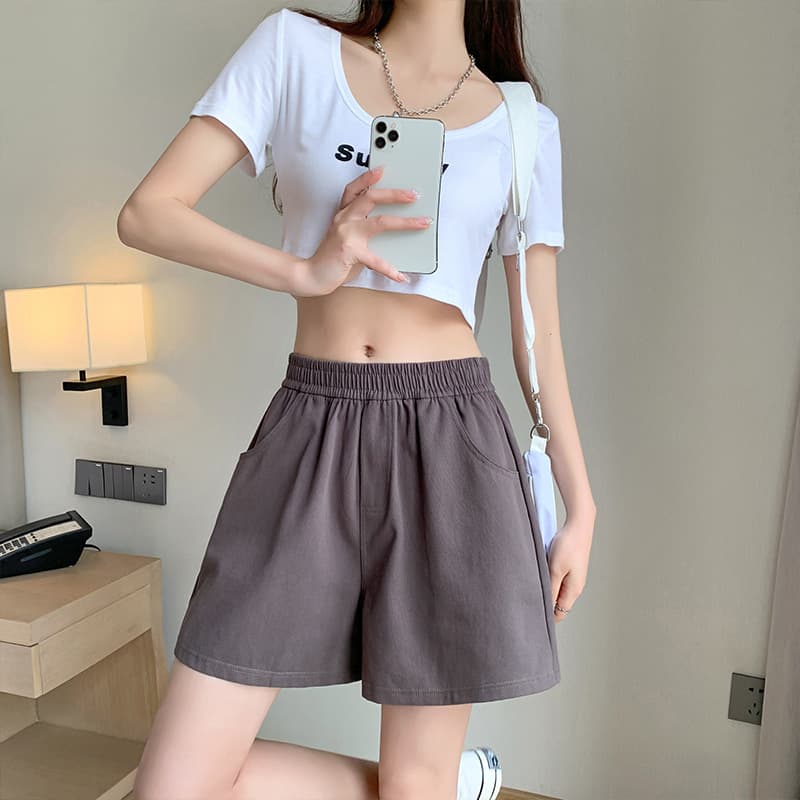 ハイウエスト パンツ やわらか素材のゆったりショートパンツ