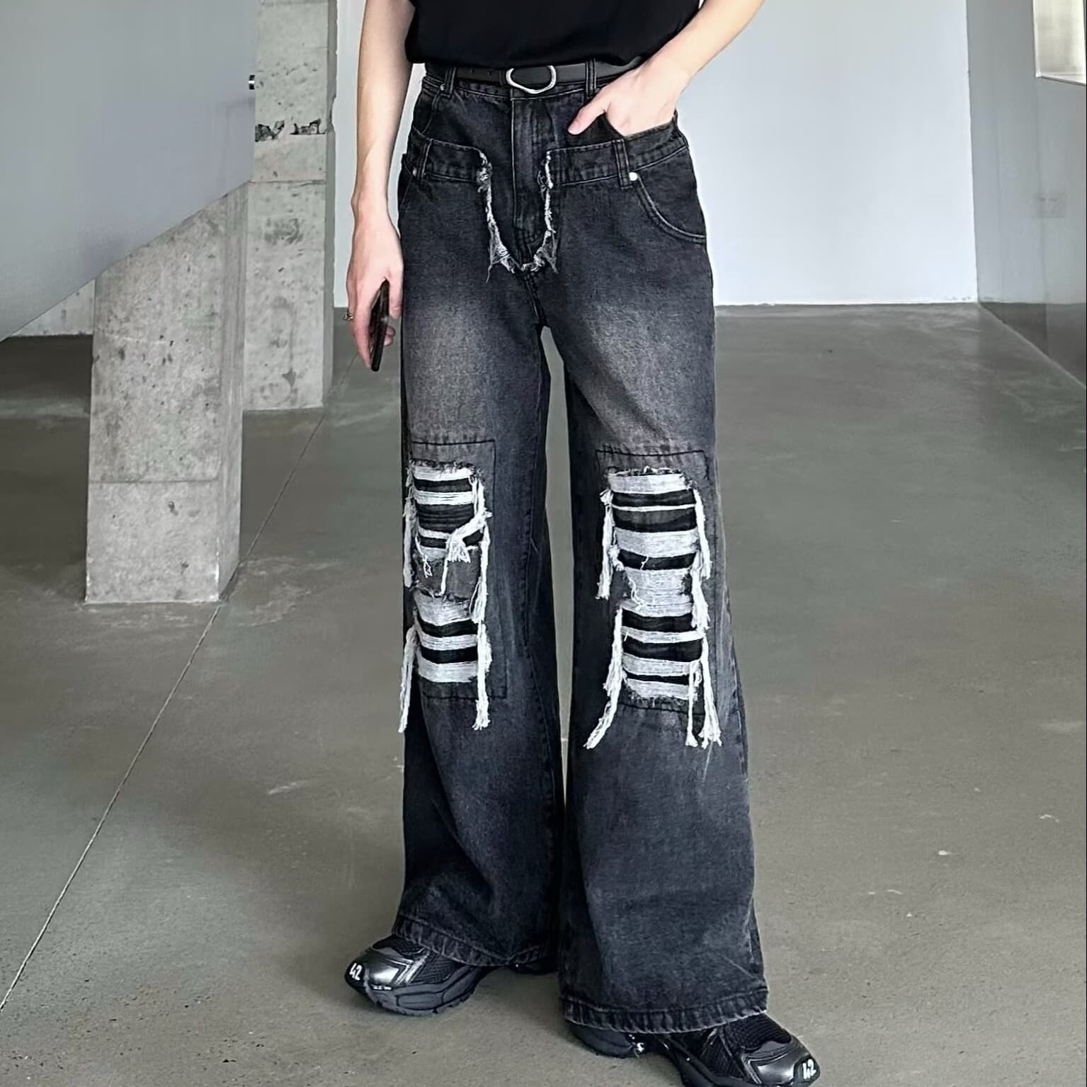 ハイウエスト パンツ カジュアル ダメージ ワイド デニム