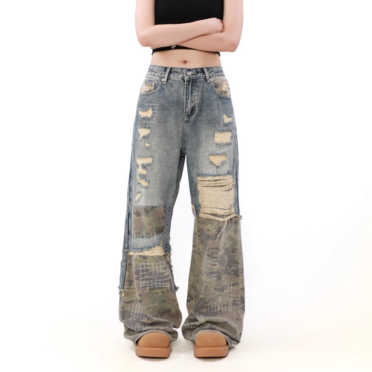 ハイウエスト パンツ 迷彩柄パッチワークハイウエストデニム