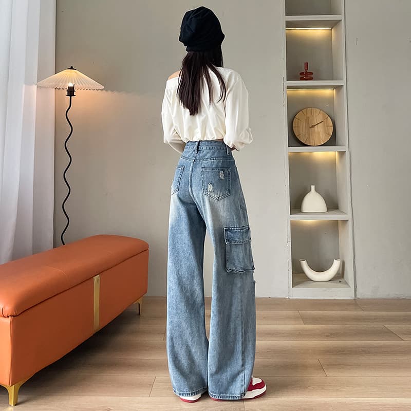 ハイウエスト パンツ ダメージ加工 ハイウエストストレートデニム