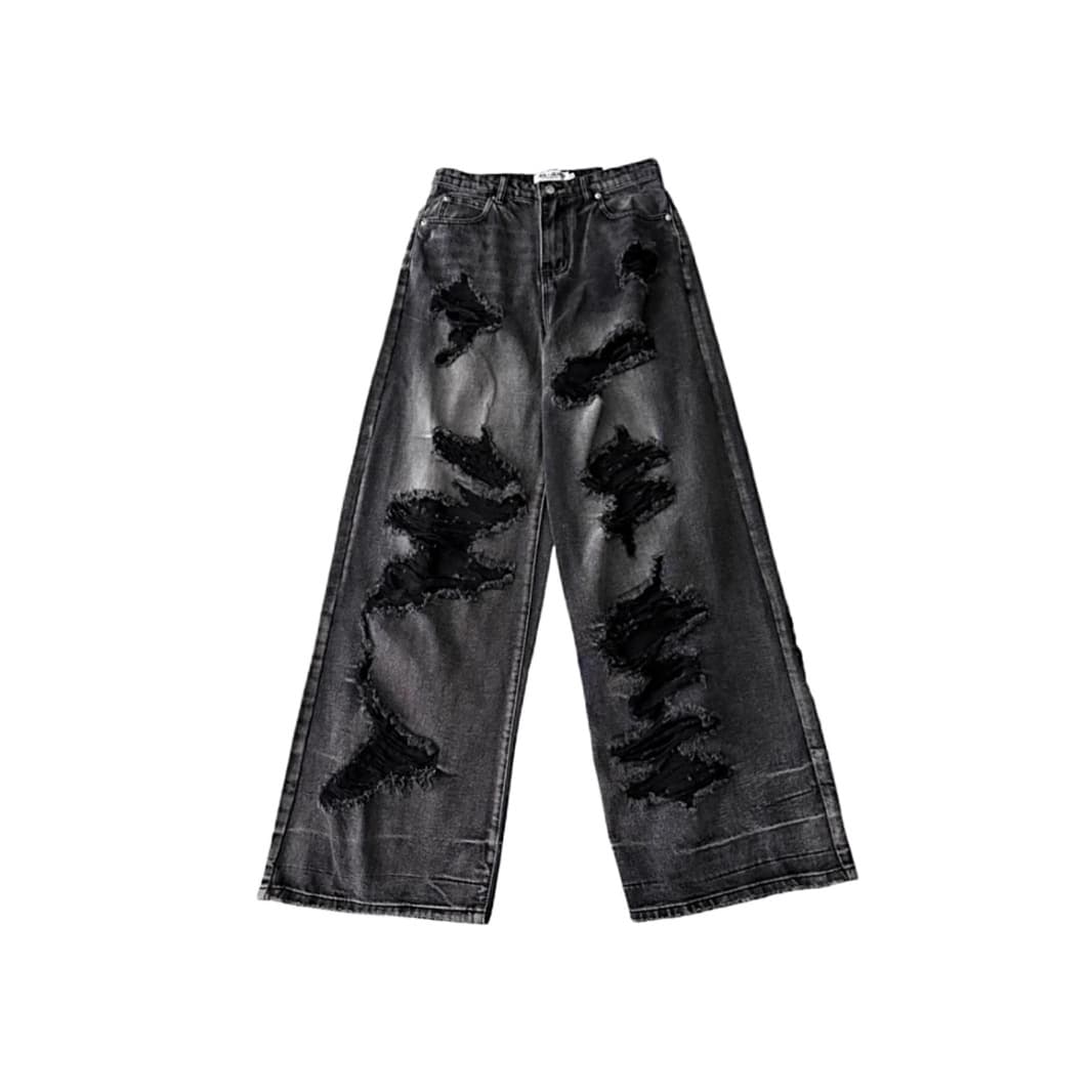 ハイウエスト パンツ ダメージ加工 ハイウエストワイドデニム