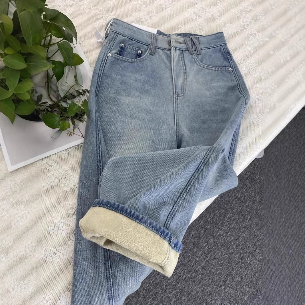 ハイウエスト パンツ 裏起毛 ストレート ハイウエストデニム