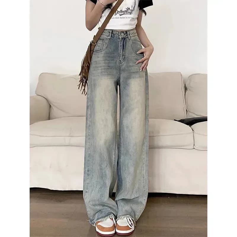 ハイウエスト パンツ ゆったりロング丈デニム
