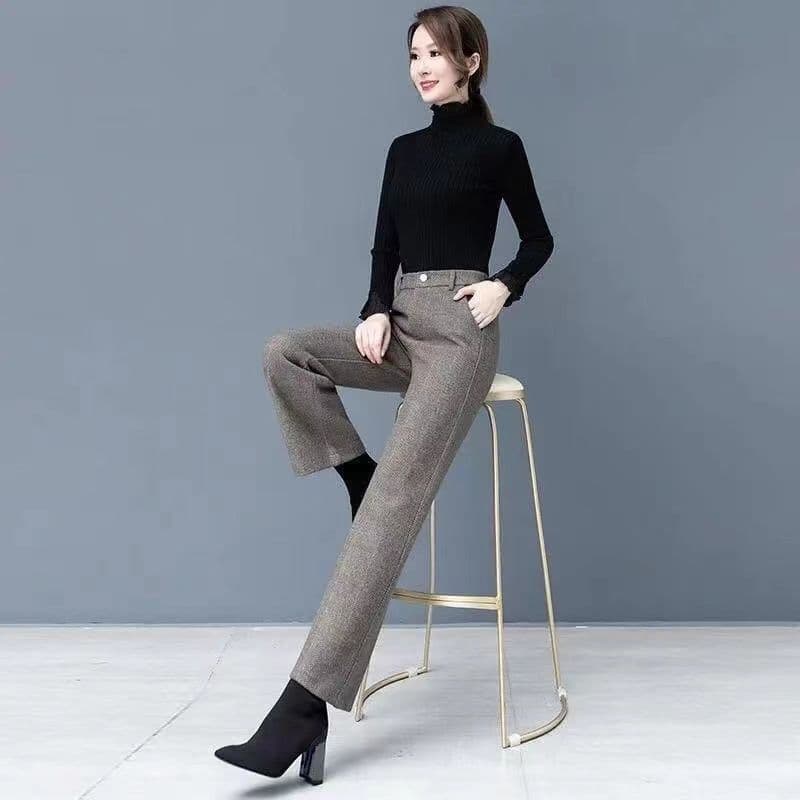 ハイウエスト パンツ ヘリンボーン柄 ウエスト高め スラックス