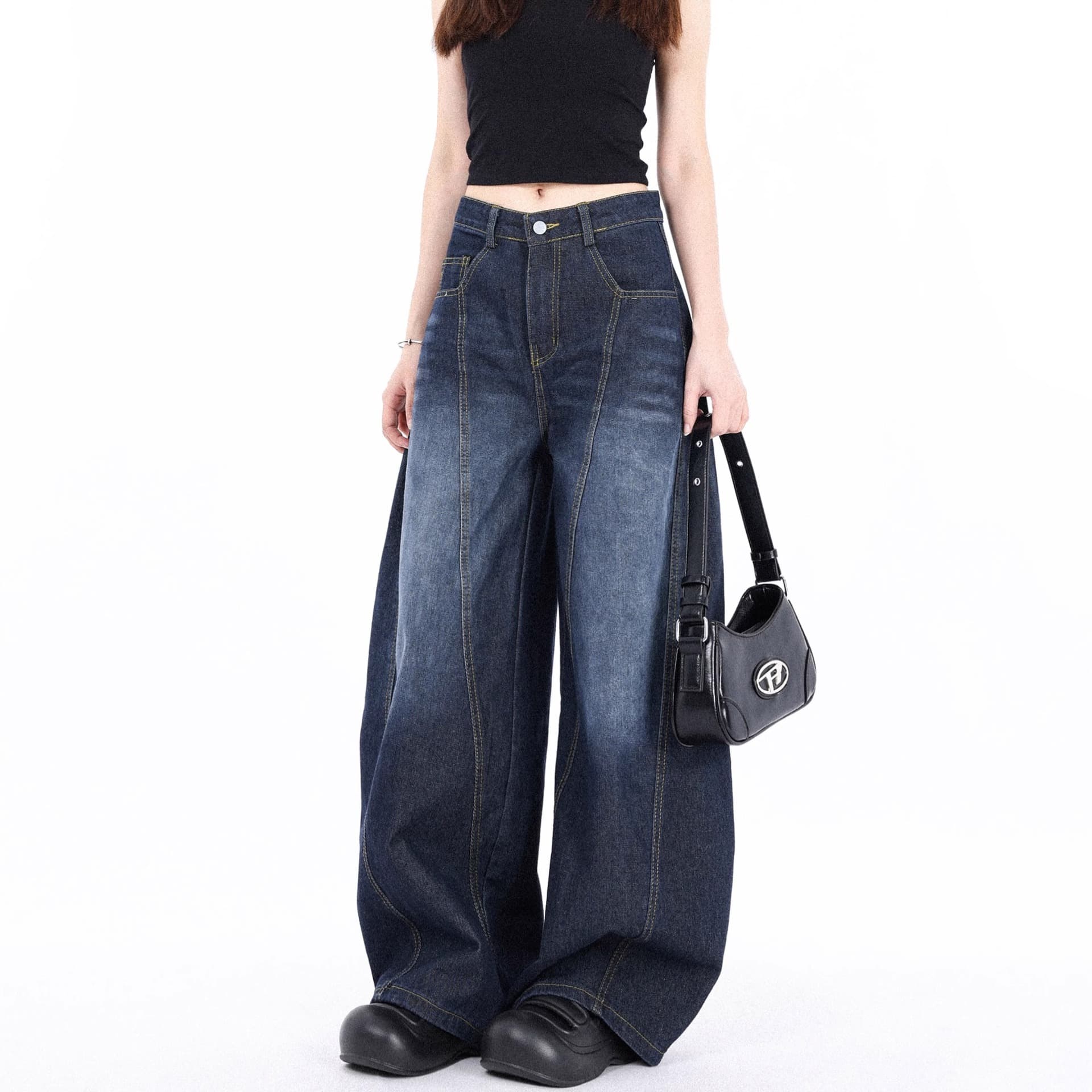 ハイウエスト パンツ ゆったりワイドシルエットデニム