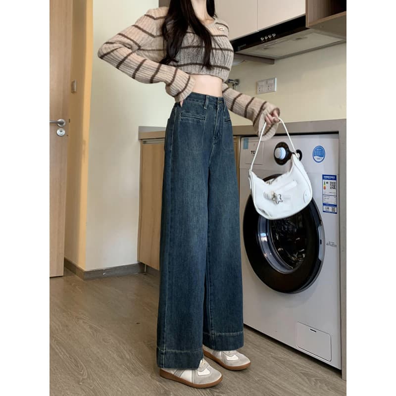 ハイウエスト パンツ ゆったりワイド脚長デニムパンツ