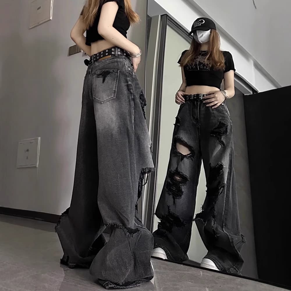 ハイウエスト パンツ ダメージ加工 ハイウエストワイドデニム