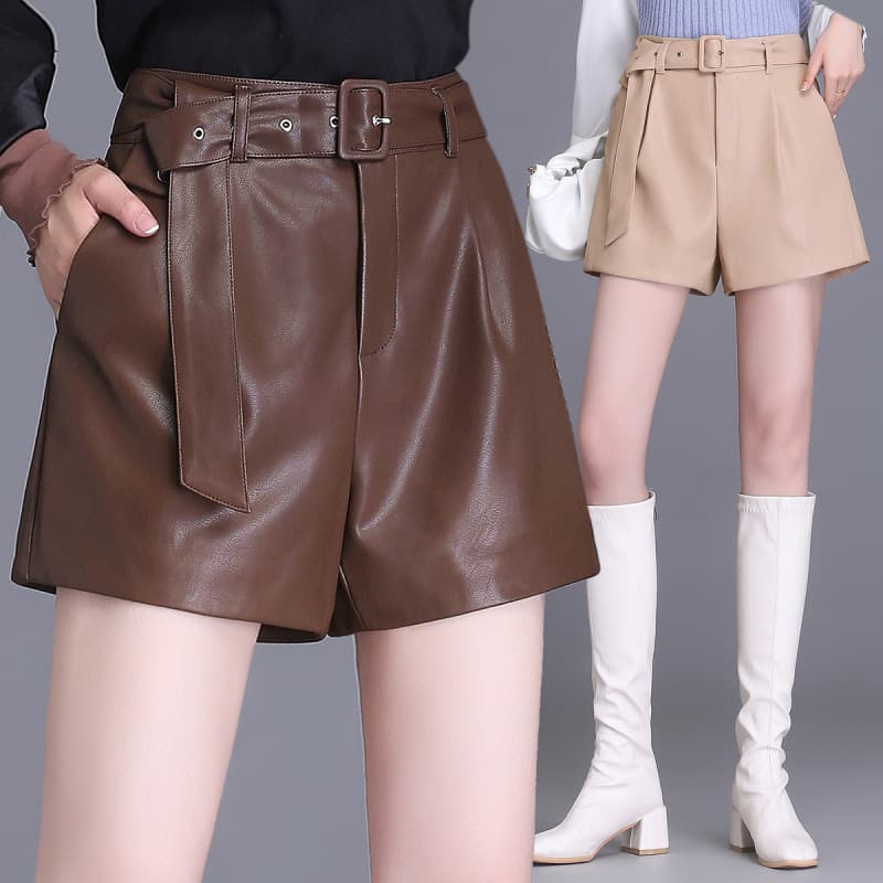 ハイウエスト パンツ ウエストベルト付きレザー調ショートパンツ