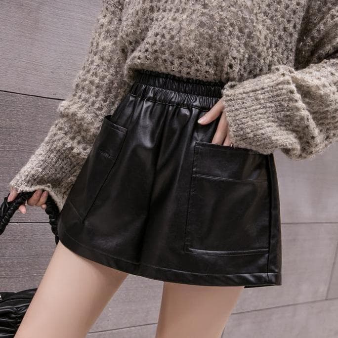 ハイウエスト パンツ フェイクレザー ハイウエストショートパンツ