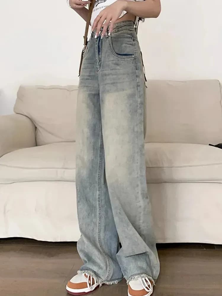 ハイウエスト パンツ ゆったりロング丈デニム