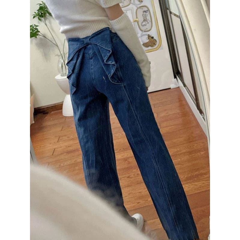 ハイウエスト パンツ フリル飾り ハイウエストデニム