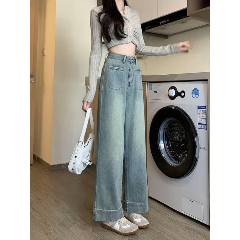 ハイウエスト パンツ ゆったりワイド脚長デニムパンツ