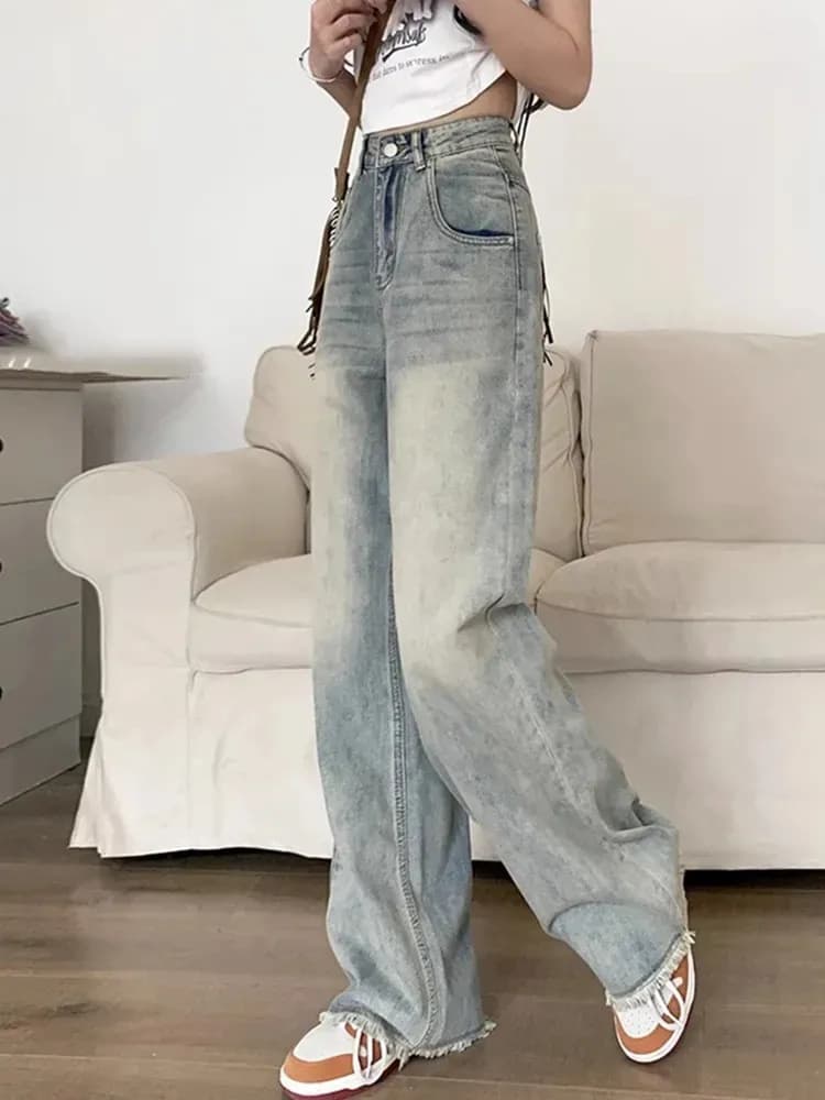ハイウエスト パンツ ゆったりロング丈デニム
