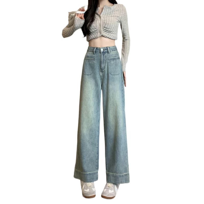 ハイウエスト パンツ ゆったりワイド脚長デニムパンツ