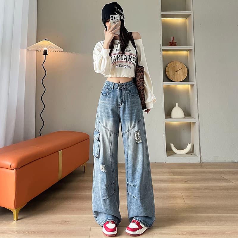 ハイウエスト パンツ ダメージ加工 ハイウエストストレートデニム