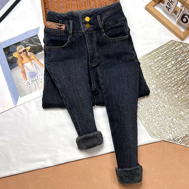 ハイウエスト パンツ もこもこ裏起毛ハイウエストデニム