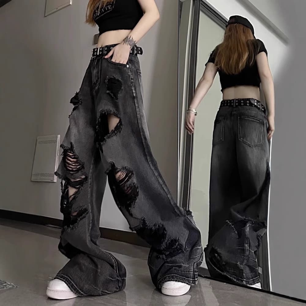 ハイウエスト パンツ ダメージ加工 ハイウエストワイドデニム