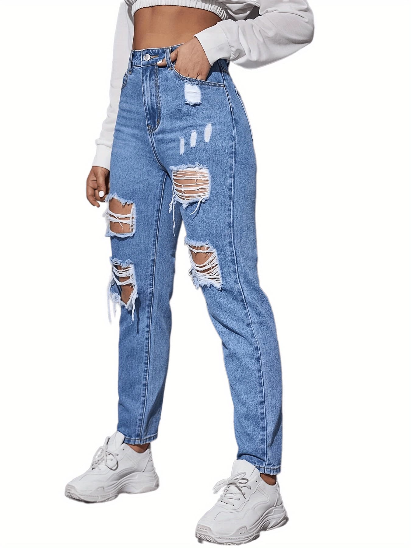ハイウエスト パンツ ダメージ加工ストレートハイウエストデニム