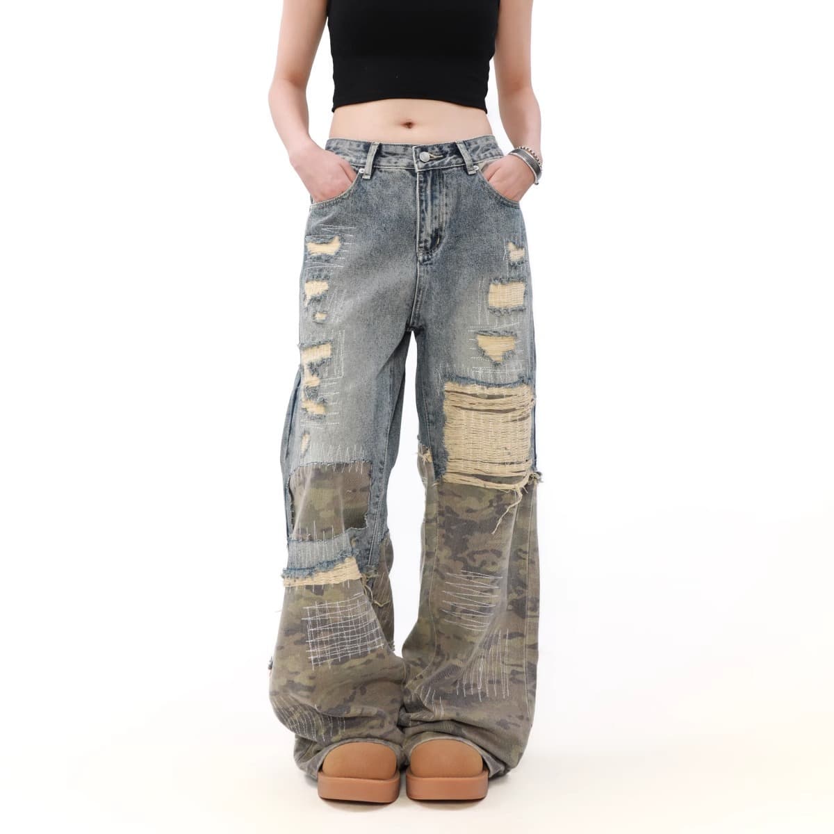 ハイウエスト パンツ 迷彩柄パッチワークハイウエストデニム