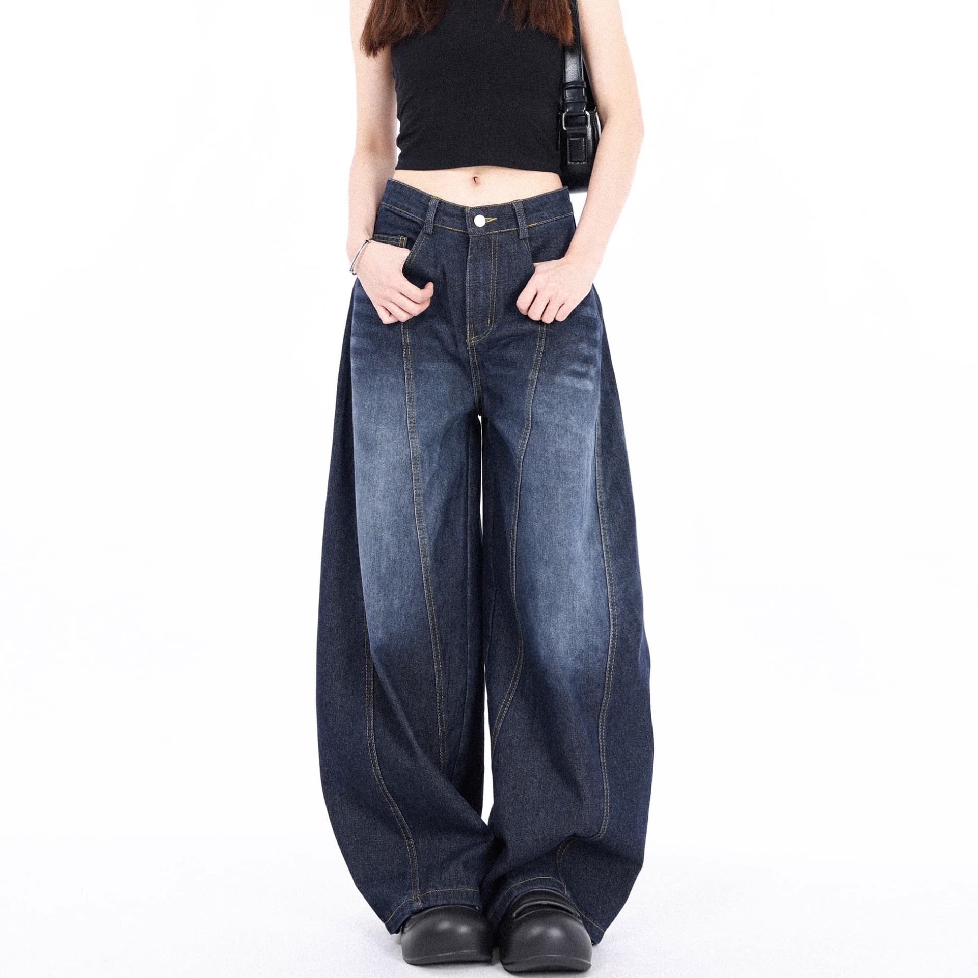 ハイウエスト パンツ ゆったりワイドシルエットデニム