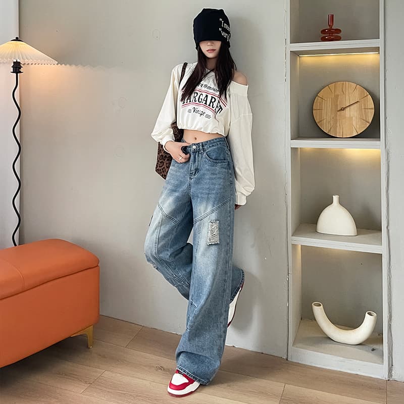 ハイウエスト パンツ ダメージ加工 ハイウエストストレートデニム