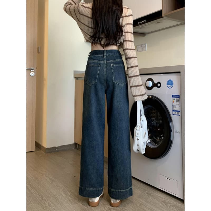 ハイウエスト パンツ ゆったりワイド脚長デニムパンツ