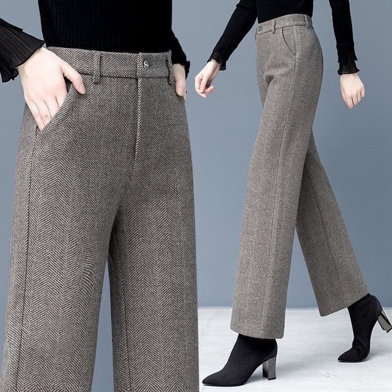 ハイウエスト パンツ ヘリンボーン柄 ウエスト高め スラックス