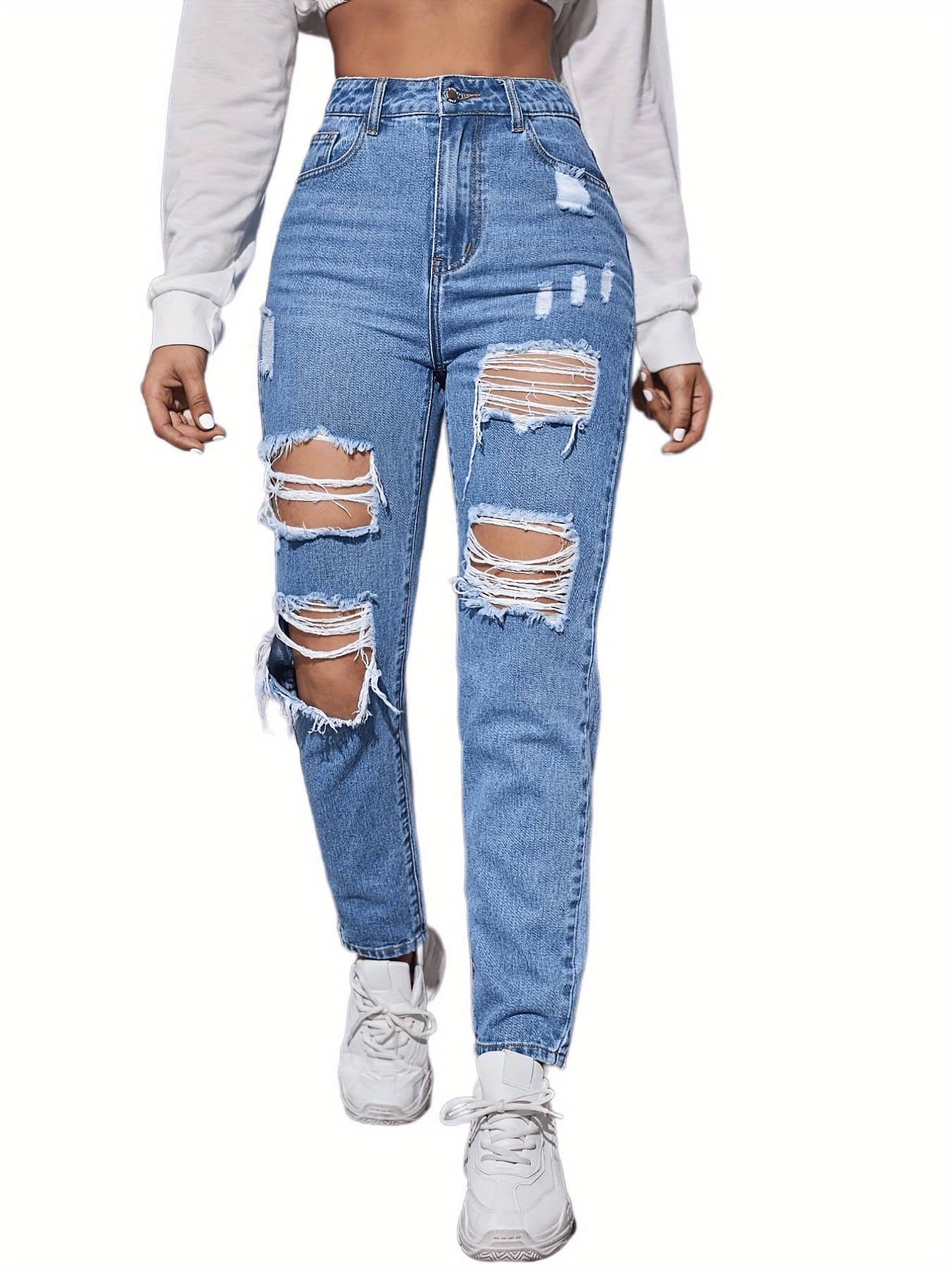 ハイウエスト パンツ ダメージ加工ストレートハイウエストデニム