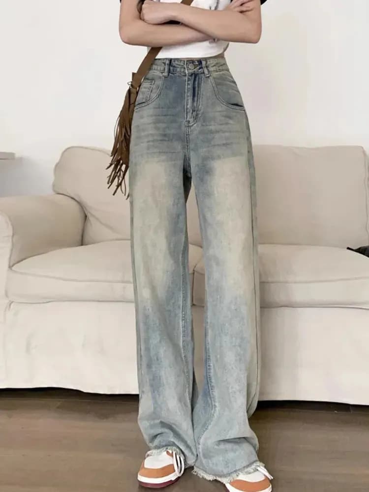 ハイウエスト パンツ ゆったりロング丈デニム