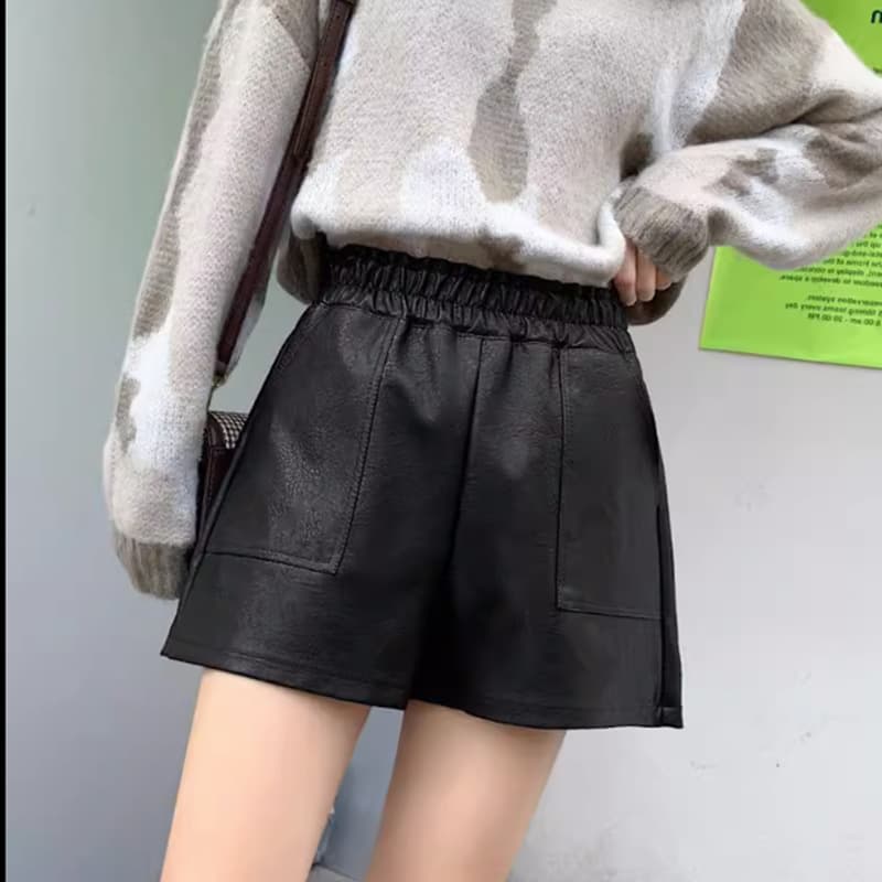 ハイウエスト パンツ フェイクレザー ハイウエストショートパンツ