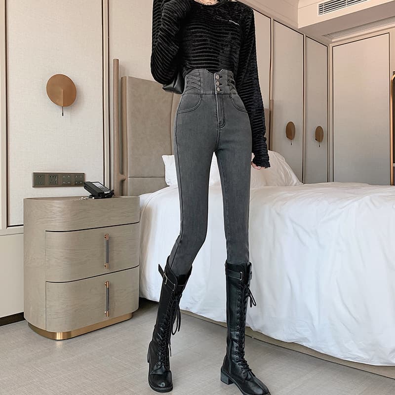 ハイウエスト パンツ 高腰ボタン飾りデニムパンツ