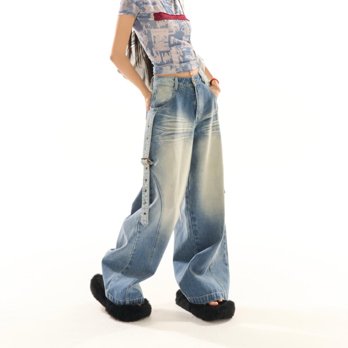 ハイウエスト パンツ ストラップ付きハイウエストワイドデニム