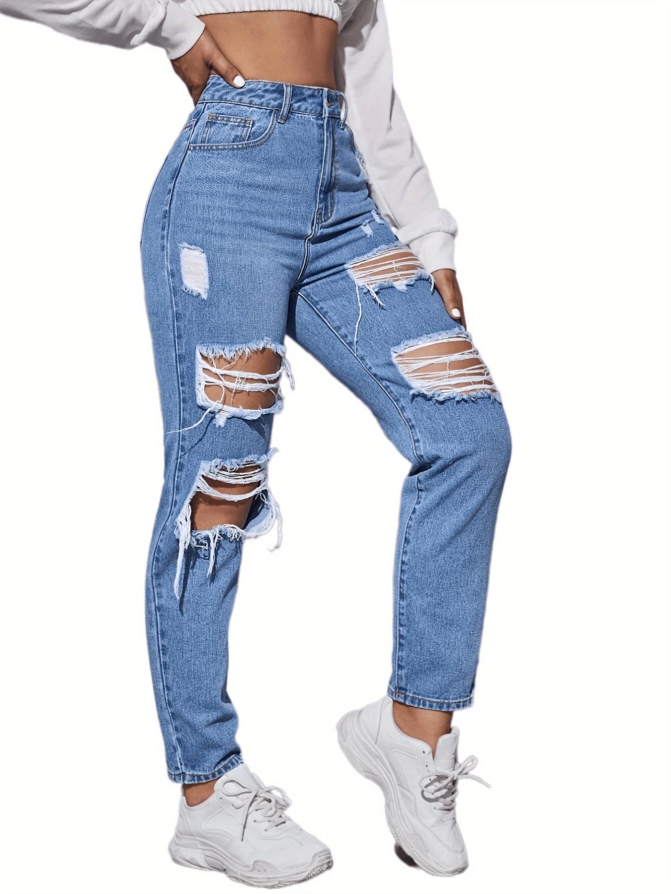 ハイウエスト パンツ ダメージ加工ストレートハイウエストデニム
