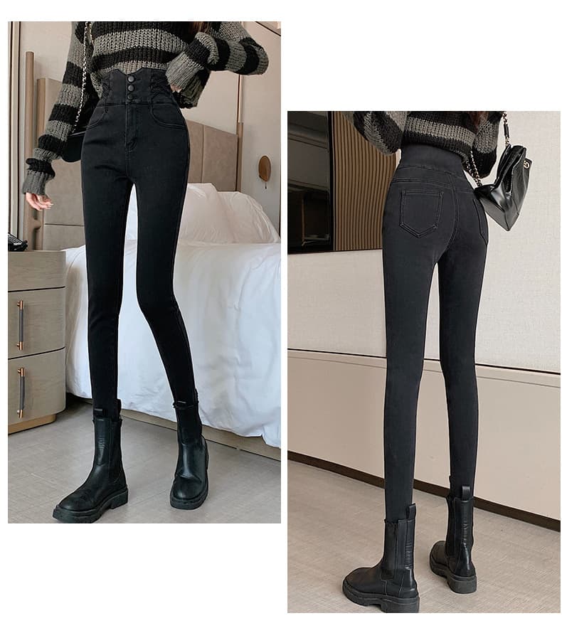 ハイウエスト パンツ 高腰ボタン飾りデニムパンツ