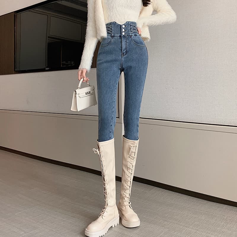ハイウエスト パンツ 高腰ボタン飾りデニムパンツ