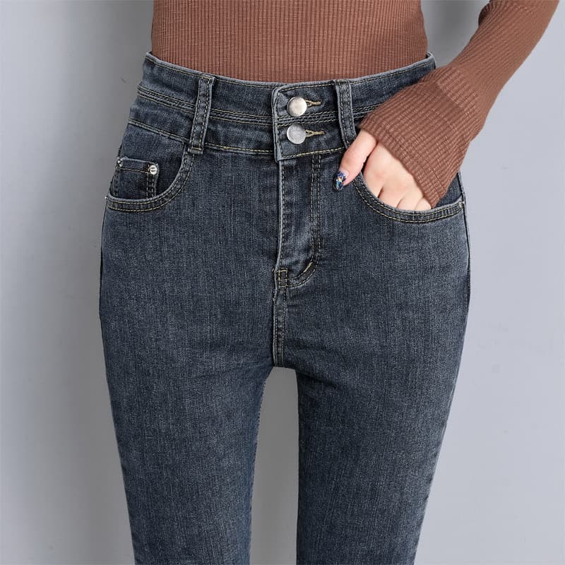 ハイウエスト パンツ 美脚効果抜群 二つボタン ハイウエストデニム
