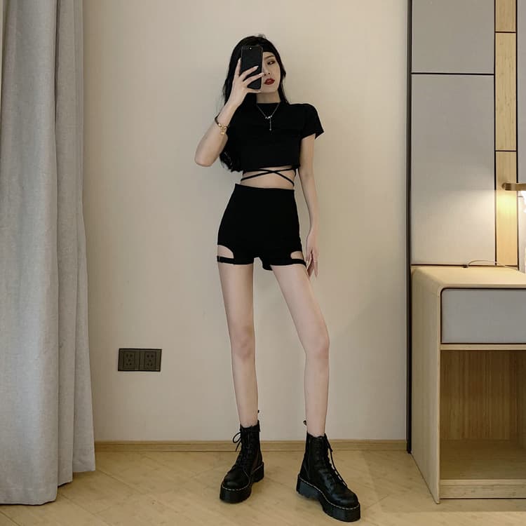 ハイウエスト パンツ レース編み込みクロップドセットアップ