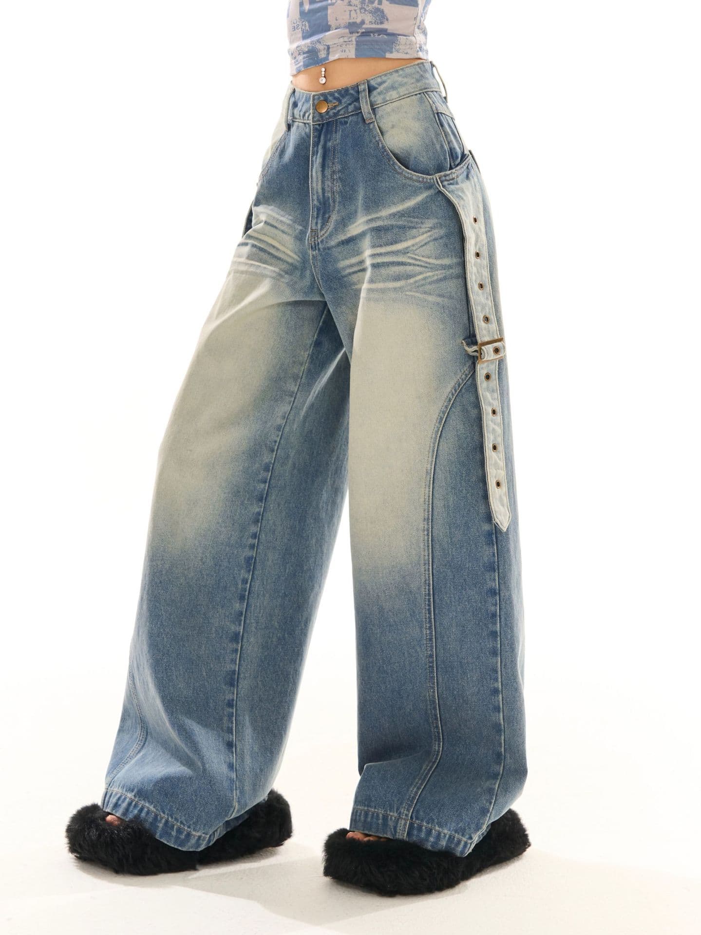 ハイウエスト パンツ ストラップ付きハイウエストワイドデニム