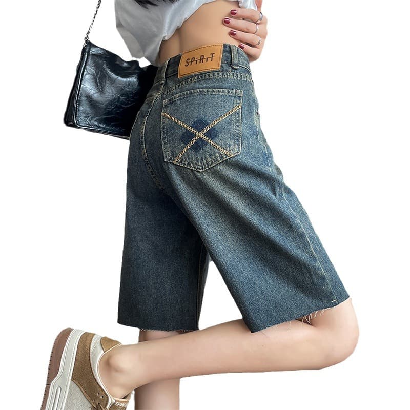 ハイウエスト パンツ クロスステッチ ワイドハーフパンツ