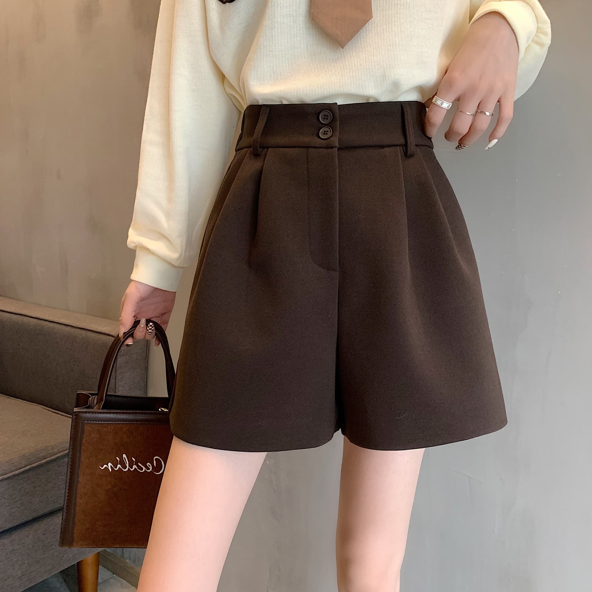 ハイウエスト パンツ ウエストタック プリーツ ショートパンツ