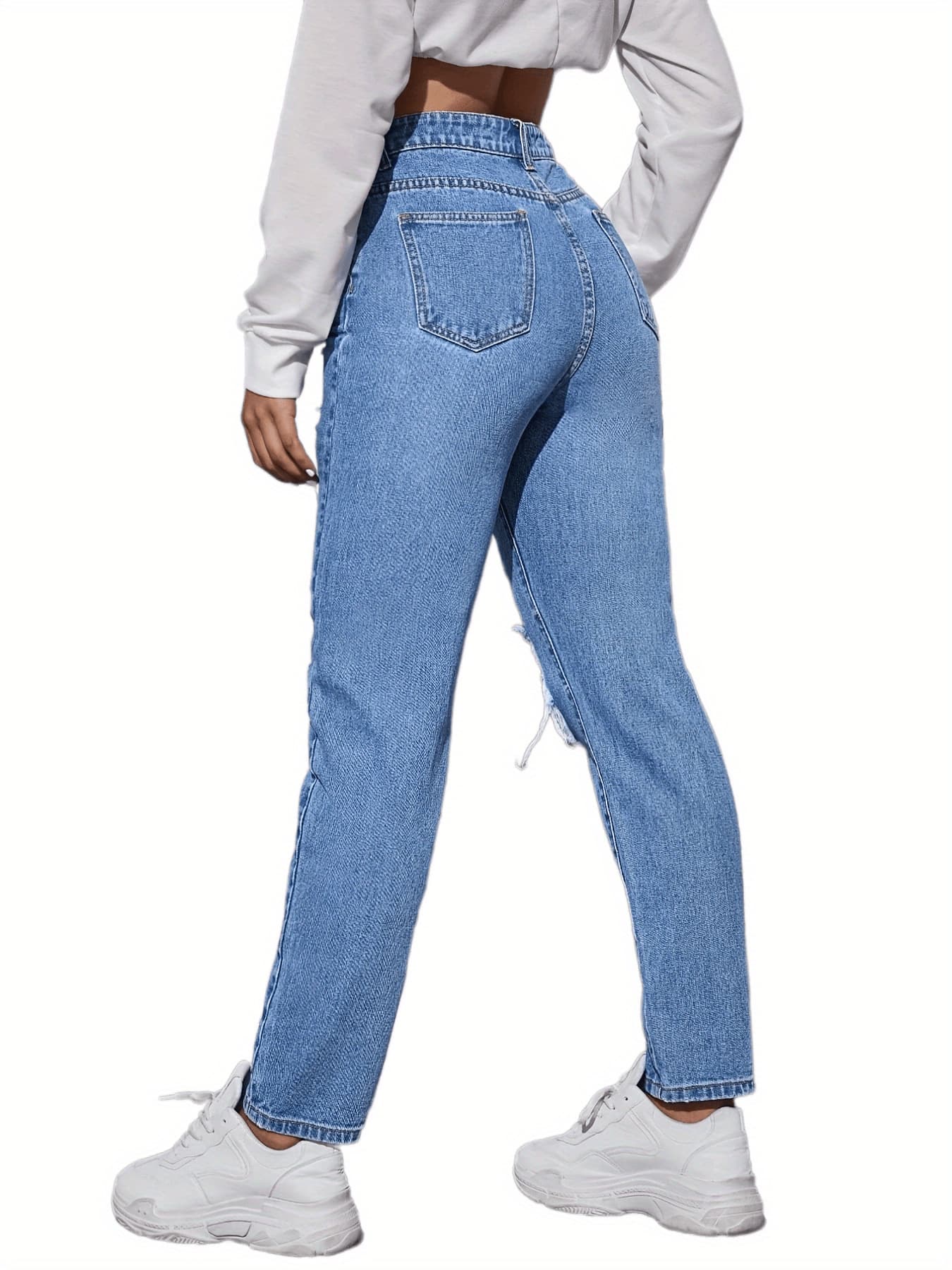 ハイウエスト パンツ ダメージ加工ストレートハイウエストデニム