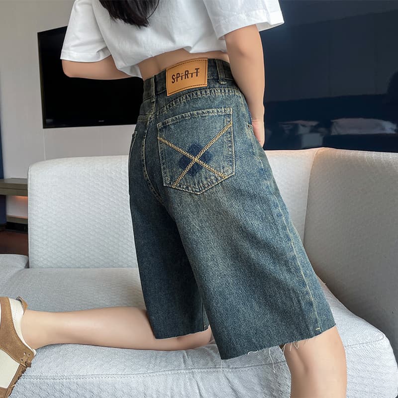 ハイウエスト パンツ クロスステッチ ワイドハーフパンツ