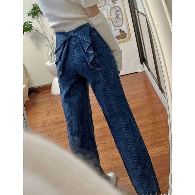 ハイウエスト パンツ フリル飾り ハイウエストデニム