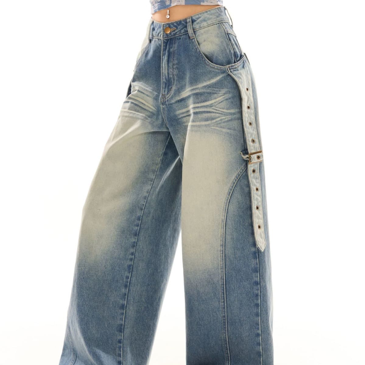 ハイウエスト パンツ ストラップ付きハイウエストワイドデニム