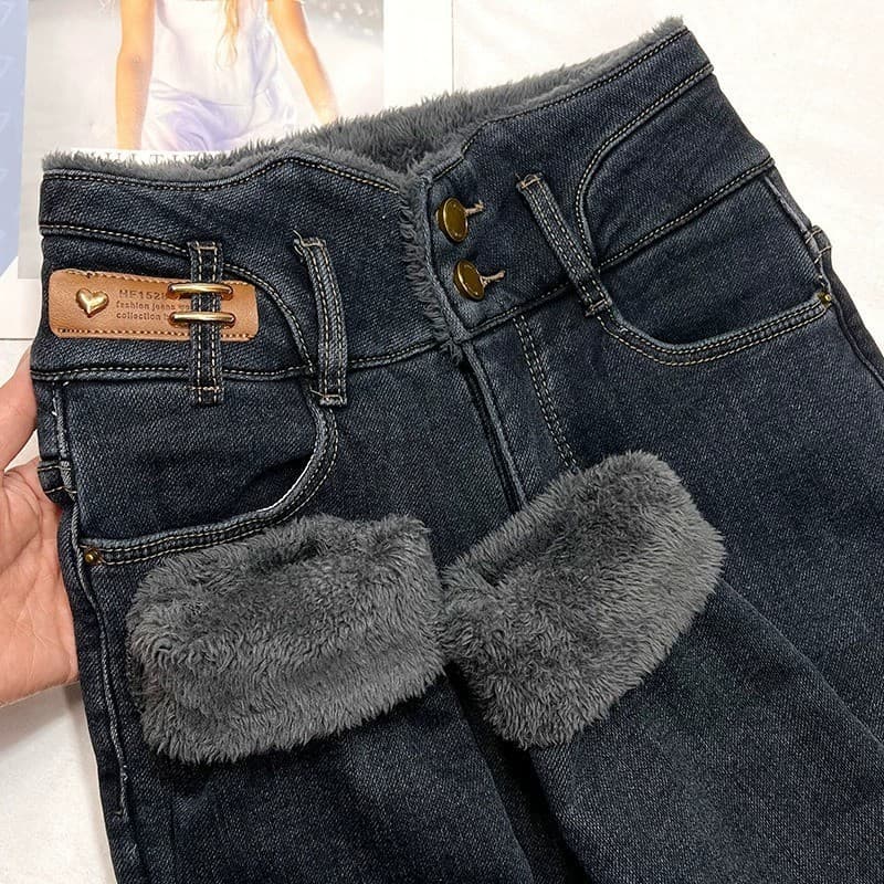 ハイウエスト パンツ もこもこ裏起毛ハイウエストデニム