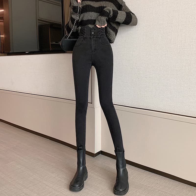 ハイウエスト パンツ ハイウエストボタン装飾デニムパンツ