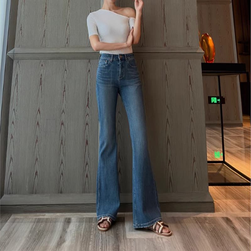 ハイウエスト パンツ デニムフレアストレートハイウエストパンツ
